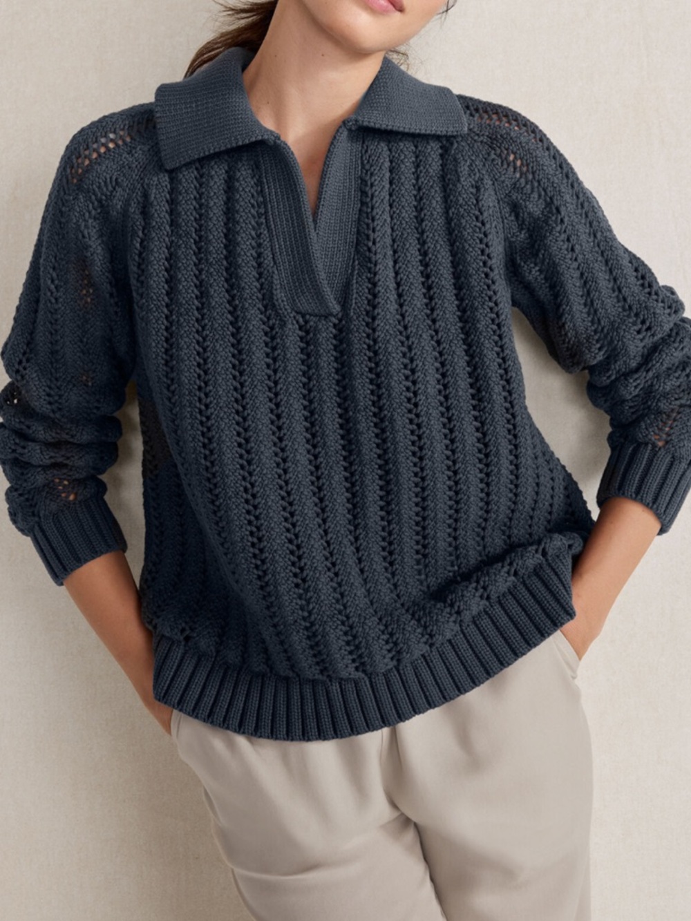 Haven Well Within Charcoal Gray Open‑Stitch Johnny Collared Sweater. Size XXL.